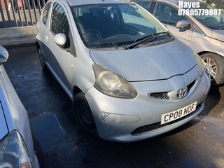 Location:  Hayes - 2008 TOYOTA AYGO+ VVT-I 3 Door Hatchback REG: CP08NOF, Keys: No, MOT Expiry date: 23/11/2024, 998 Petrol, 5 Speed Manual Petrol, Former Keepers: 5