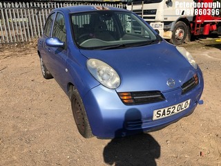 Location: Peterborough - 2003 NISSAN MICRA SE 5 Door Hatchback REG: SA52OLO, Keys: No, MOT Expiry date: 28/05/2025, 1240 Petrol, 5 Speed Manual Petrol, Former Keepers: 8