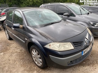 Location: North Woolwich - 2007 RENAULT MEGANE DYNAMIQUE A 5 Door Hatchback REG: WV07GKJ, Keys: No, MOT Expiry date: 02/05/2024, 1598 Petrol, 4 Speed Auto Petrol, Former Keepers: 2