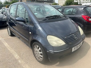 Location: North Woolwich - 2001 MERCEDES A160 ELEGANCE AUTO 5 Door Hatchback REG: Y79PGW, Keys: No, MOT Expiry date: 13/01/2026, 1598 Petrol, 5 Speed Auto Petrol, Former Keepers: 9