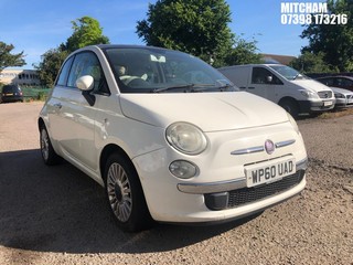 Location: MITCHAM - 2010 FIAT 500 LOUNGE 3 DOOR HATCHBACK REG: WP60UAD, 1242cc PETROL, 5 SPEED MANUAL PETROL, Former Keepers: 5, Keys: No, MOT: Expiry date09/07/2025