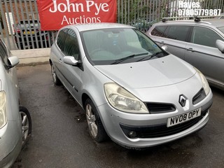 Location: Hayes - 2008 RENAULT CLIO DYNAMIQUE S TUR 100 3 Door Hatchback REG: NV08OPY, Keys: No, MOT Expiry date: 01/05/2025, 1149 Petrol, 5 Speed Manual Petrol, Former Keepers: 6