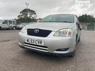 Location: Plymouth - 2003 TOYOTA COROLLA T3 VVTI 5 Door Hatchback REG: WL53CVR, Keys: No, MOT Expiry date: 10/01/2025, 1598 Petrol, 5 Speed Manual Petrol, Former Keepers: 4