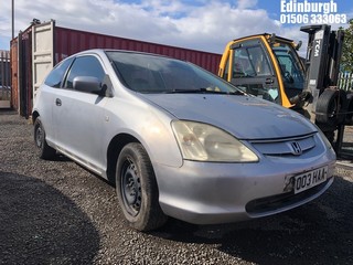 Location: Edinburgh - 2003 HONDA CIVIC S 3 Door Hatchback REG: SO03HAA, Keys: No, MOT Expiry date: 08/11/2024, 1396 Petrol, 5 Speed Manual Petrol, Former Keepers: 9