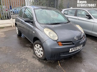 Location: Hayes - 2005 NISSAN MICRA S 3 Door Hatchback REG: AP05CFE, Keys: No, MOT Expiry date: 17/05/2026, 1240 Petrol, 5 Speed Manual Petrol, Former Keepers: 3