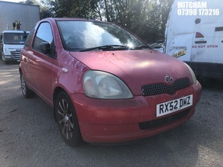 Location: Mitcham - 2002 TOYOTA YARIS SR 3 Door Hatchback REG: RX52DMZ, Keys: No, MOT Expiry date: 22/04/2025, 1299 Petrol, 5 Speed Manual Petrol, Former Keepers: 5