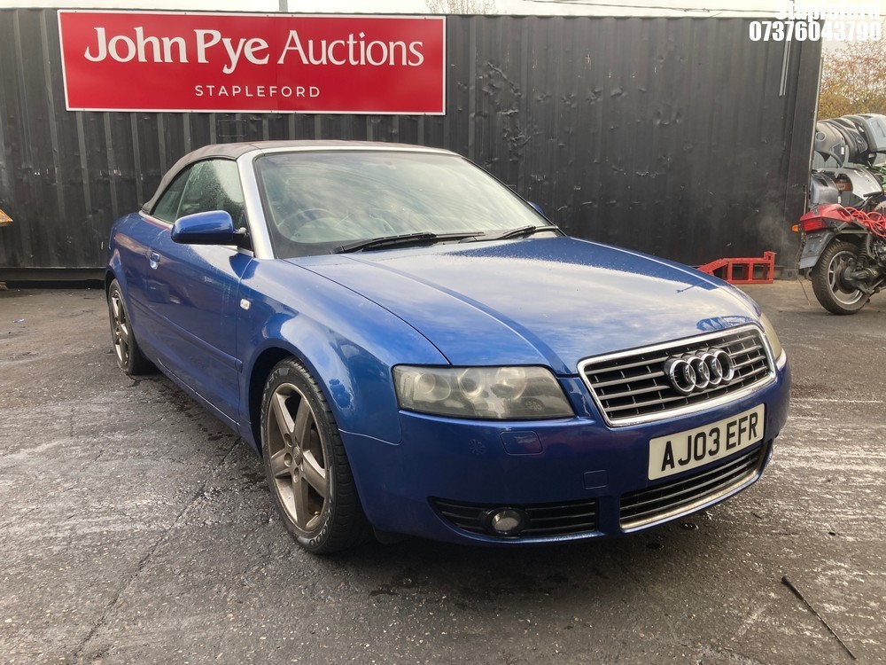 Location: Stapleford - 2003 AUDI A4 T SPORT Convertible REG: AJ03EFR, Keys: Yes, MOT Expiry date: 21/07/2023, 1781 Petrol, 5 Speed Manual Petrol, Former Keepers: 7