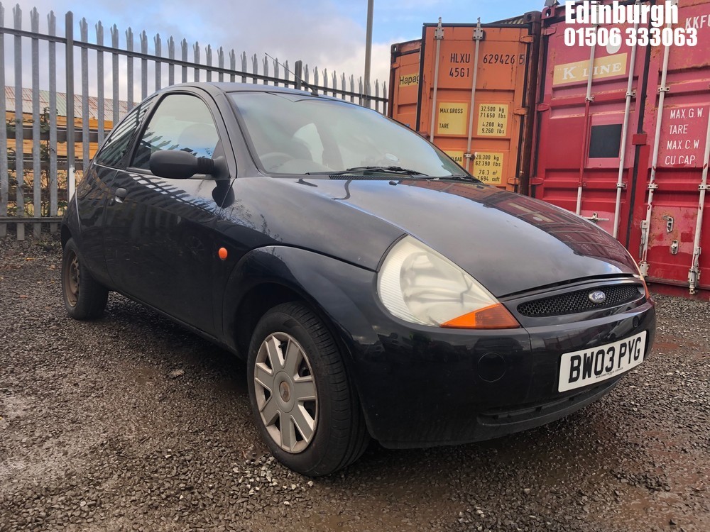 Location: Edinburgh - 2003 FORD KA 3 Door Hatchback REG: BW03PYG, Keys: No, MOT Expiry date: 06/04/2026, 1297 Petrol, 5 Speed Manual Petrol, Former Keepers: 6