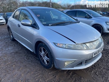 Location: Peterborough - 2008 HONDA CIVIC SE+ I-DSI 5 Door Hatchback REG: MA08EXF, Keys: No, MOT Expiry date: 05/09/2025, 1339 Petrol, 6 Speed Manual Petrol, Former Keepers: 7