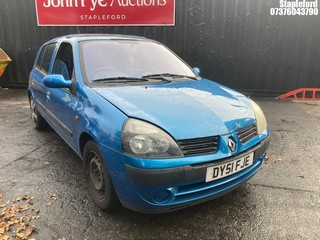 Location: Stapleford - 2001 RENAULT CLIO EXPRESSION+ 16V 5 Door Hatchback REG: DY51FJE, Keys: Yes, MOT Expiry date: 11/09/2026, 1149 Petrol, 5 Speed Manual Petrol, Former Keepers: 2