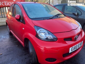 Location: Hayes - 2010 TOYOTA AYGO PLUS VVT-I 5 Door Hatchback REG: EA10EYR, Keys: No, MOT Expiry date: 05/08/2026, 998 Petrol, 5 Speed Manual Petrol, Former Keepers: 7