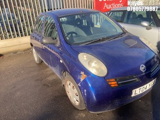 Location: Hayes - 2004 NISSAN MICRA S 5 Door Hatchback REG: LT04YGA, Keys: No, MOT Expiry date: 22/08/2026, 1240 Petrol, 5 Speed Manual Petrol, Former Keepers: 5