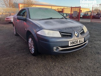 Location: Edinburgh - 2008 RENAULT MEGANE PRIVILEGE Convertible REG: HN08AUJ, Keys: No, MOT Expiry date: 21/05/2026, 1598 Petrol, 5 Speed Manual Petrol, Former Keepers: 7