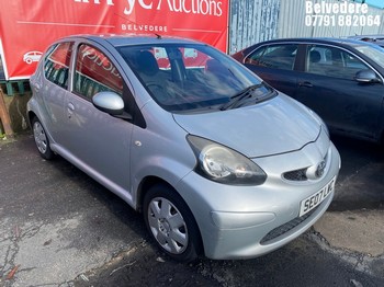 Location: Belvedere - 2007 TOYOTA AYGO+ VVT-I 5 Door Hatchback REG: SE07LWC, Keys: No, MOT Expiry date: 23/10/2026, 998 Petrol, 5 Speed Manual Petrol, Former Keepers: 7