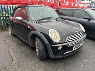 Location: Belvedere - 2005 MINI MINI ONE Convertible REG: GY05XJV, Keys: No, MOT Expiry date: 28/04/2026, 1598 Petrol, 5 Speed Manual Petrol, Former Keepers: 10