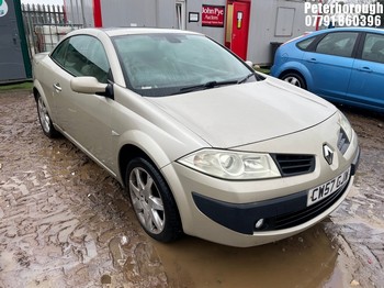 Location: Peterborough - 2007 RENAULT MEGANE PRIVILEGE Convertible REG: CW57GJW, Keys: No, MOT Expiry date: 08/11/2025, 1598 Petrol, 5 Speed Manual Petrol, Former Keepers: 5