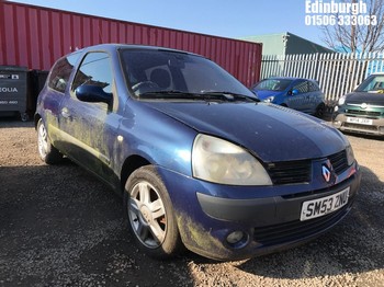 Location: Edinburgh - 2003 RENAULT CLIO DYNAMIQUE 16V 3 Door Hatchback REG: SM53ZNU, Keys: No, MOT Expiry date: 07/04/2025, 1149 Petrol, 5 Speed Manual Petrol, Former Keepers: 4