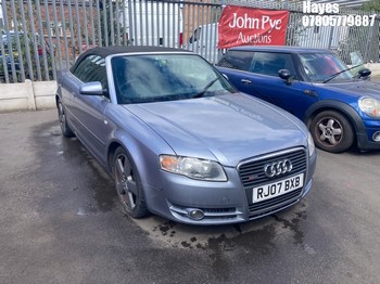 Location: Hayes - 2007 AUDI A4 S LINE AUTO Convertible REG: RJ07BXB, Keys: No, MOT Expiry date: 26/06/2026, 1781 Petrol, Variable Speed Auto Petrol, Former Keepers: 9