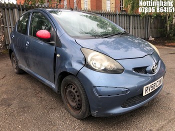 Location: Nottingham - 2008 TOYOTA AYGO BLUE VVT-I 5 Door Hatchback REG: RV58CXN, Keys: Yes, MOT Expiry date: 22/04/2027, 998 Petrol, 5 Speed Manual Petrol, Former Keepers: 8