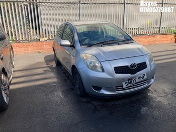Location: Hayes - 2007 TOYOTA YARIS T3 S-A 3 Door Hatchback REG: SM07YHP, Keys: No, MOT Expiry date: 28/04/2027, 1296 Petrol, 4 Speed Semi Auto Petrol, Former Keepers: 7