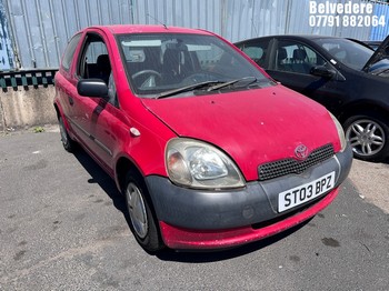 Location: Belvedere - 2003 TOYOTA YARIS S 3 Door Hatchback REG: ST03BPZ, Keys: No, MOT Expiry date: 25/11/2025, 998 Petrol, 5 Speed Manual Petrol, Former Keepers: 8