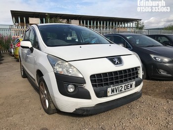 Location: Edinburgh - 2012 PEUGEOT 3008 ACTIVE HDI 5 Door Hatchback REG: MV12OEW, Keys: No, MOT Expiry date: 20/10/2025, 1560 Diesel, 6 Speed Manual Diesel, Former Keepers: 8