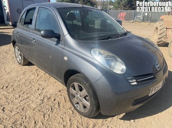 Location: Peterborough - 2005 NISSAN MICRA URBIS 5 Door Hatchback REG: FV54UXG, Keys: No, MOT Expiry date: 27/10/2026, 1240 Petrol, 5 Speed Manual Petrol, Former Keepers: 7