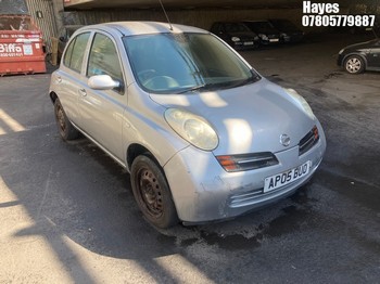 Location: Hayes - 2005 NISSAN MICRA SE 5 Door Hatchback REG: AP05BUO, Keys: No, MOT Expiry date: 31/05/2026, 1386 Petrol, 5 Speed Manual Petrol, Former Keepers: 8