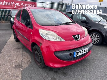 Location: Belvedere - 2007 PEUGEOT 107 URBAN 5 Door Hatchback REG: OY57XAU, Keys: No, MOT Expiry date: 08/05/2026, 998 Petrol, 5 Speed Manual Petrol, Former Keepers: 6