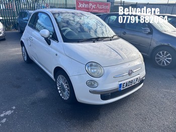 Location: Belvedere - 2009 FIAT 500 LOUNGE 3 Door Hatchback REG: EA09LPJ, Keys: No, MOT Expiry date: 02/05/2026, 1242 Petrol, 5 Speed Manual Petrol, Former Keepers: 4