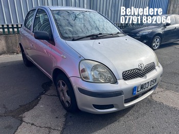 Location: Belvedere - 2003 TOYOTA YARIS T3 5 Door Hatchback REG: LM03OSN, Keys: No, MOT Expiry date: 23/04/2027, 1299 Petrol, 5 Speed Manual Petrol, Former Keepers: 3
