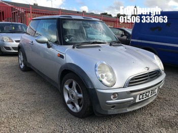 Location: Edinburgh - 2002 MINI MINI ONE 3 Door Hatchback REG: CE52BXC, Keys: No, MOT Expiry date: 16/01/2026, 1598 Petrol, 5 Speed Manual Petrol, Former Keepers: 8
