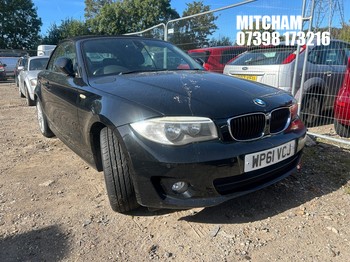 Location: Mitcham - 2012 BMW 118D SE Convertible REG: WP61VCJ, Keys: No, MOT Expiry date: 02/12/2026, 1995 Diesel, 6 Speed Manual Diesel, Former Keepers: 12