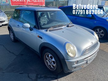 Location: Belvedere - 2003 MINI MINI ONE AUTO 3 Door Hatchback REG: RA03RZR, Keys: Yes, MOT Expiry date: 26/06/2026, 1598 Petrol, Variable Speed Auto Petrol, Former Keepers: 4