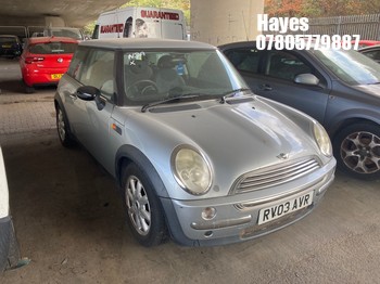 Location: Hayes - 2003 MINI MINI COOPER AUTO 3 Door Hatchback REG: RV03AVR, Keys: No, MOT Expiry date: 12/09/2026, 1598 Petrol, Variable Speed Auto Petrol, Former Keepers: 6