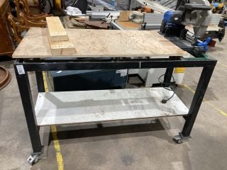 Lot 62  
            Birmingham - Collection Only 

                
METAL WORK BENCH WITH EVOLUTION STEEL CUTTING CHOP SAW S355