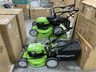 Lot 372  
            Chesterfield SR38 - Collection or Optional Delivery Available 

                
3 X GREENWORKS 46CM 40V LAWN MOWER IN GREEN - ORIGINAL RRP £299 (LOCATION: SR38 A10)