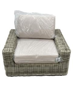 Lot 62  
            Chesterfield SR38 - Collection or Optional Delivery Available 

                
RATTAN ARMCHAIR IN LIGHT GREY AND CREAM (LOCATION: 30)