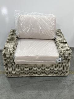 Lot 63  
            Chesterfield SR38 - Collection or Optional Delivery Available 

                
RATTAN ARMCHAIR IN LIGHT GREY AND CREAM (LOCATION: 30)