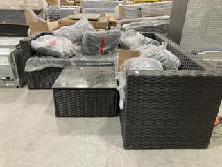 Lot 673  
            Chesterfield SR38 - Collection or Optional Delivery Available 

                
RATTAN FURNITURE SET TO INCLUDE CORNER SOFA AND COFFEE TABLE IN BLACK AND GREY (L...