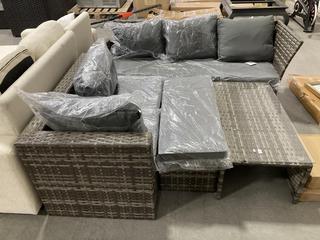 Lot 681  
            Chesterfield SR38 - Collection or Optional Delivery Available 

                
RATTAN FURNITURE SET TO INCLUDE CORNER SOFA , COFFEE TABLE AND BENCH IN GREY (LOC...