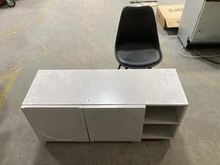 Lot 729  
            Chesterfield SR38 - Collection or Optional Delivery Available 

                
KARI DINING CHAIR, BLACK AND MODERN STYLE 3 DOOR MEDIA CONSOLE TABLE, WHITE - MEA...