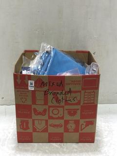 Lot 1088  
            Chesterfield SR45 - Parcel Delivery Only 

                
BOX OF ASSORTED BRANDED CLOTHES TO INCLUDE ADIDAS SWIM SHORTS REGULAR FIT IN BLAC...