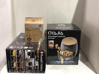 Lot 1215  
            Chesterfield SR45 - Parcel Delivery Only 

                
3 X KITCHEN ITEMS TO INCLUDE OYAJIA EXTRA LARGE CAPACITY AIR FRYER (LOCATION: C8)