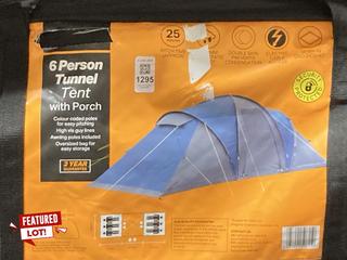 Lot 1295  
            Chesterfield SR45 - Parcel Delivery Only 

                
6 PERSON TUNNEL TENT WITH PORCH ORIGINAL RRP £150 (LOCATION: B1)
