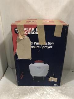 Lot 613  
            Chesterfield SR45 - Parcel Delivery Only 

                
SPEAR JACKSON 15 LTR PUMP ACTION PRESSURE SPRAYER (LOCATION: E6)