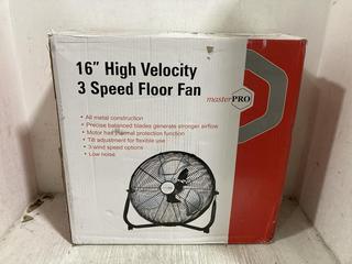 Lot 703  
            Chesterfield SR45 - Parcel Delivery Only 

                
MASTERPRO 16" HIGH VELOCITY 3 SPEED FLOORFAN (LOCATION: E9)