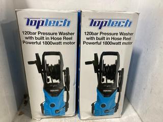 Lot 710  
            Chesterfield SR45 - Parcel Delivery Only 

                
2 X TOPTECH 120 BAR PRESSURE WASHER WITH BUILT IN HOSE REEL POWERFUL 1800 WATT MO...