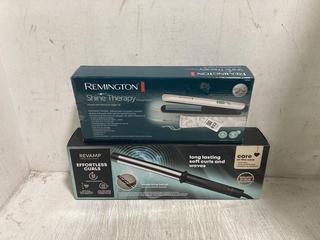 Lot 822  
            Chesterfield SR45 - Parcel Delivery Only 

                
2 X ASSORTED HAIRSTYLING TOOLS TO INCLUDE REMINGTON SHINE THERAPY HAIR STRAIGHTEN...