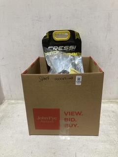 Lot 1205  
            Chesterfield SR44 - Parcel Delivery Only 

                
BOX OF ASSORTED SPORTS ACCESSORIES TO INCLUDE CARVIC ECO SWIMSUIT IN NAVY UK SIZE...